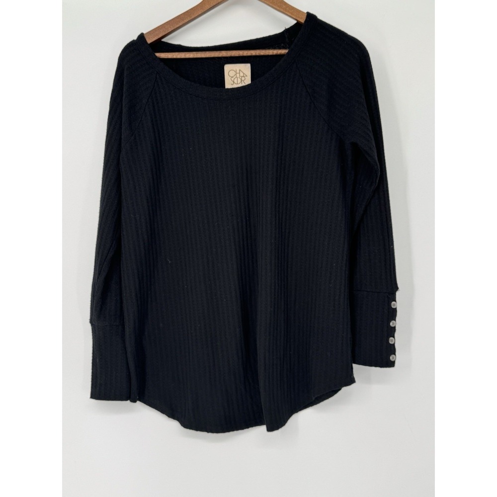 Henley L Black Thermal Waffle Knit Tunic Long Sleeve Button Cuff Whimsigoth